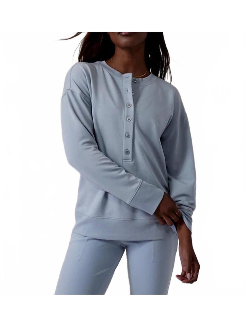 ATHLETA WOMEN'S BLUE STAR LONG SLEEVE BALANCE HENLEY SWEATSHIRT Sz M